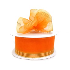 1.5 Inch Orange Organza Pull Bow Ribbon With 4 Rows of Gold Stripe Accents, 25 Yards (Lot of 1 Spool) SALE ITEM